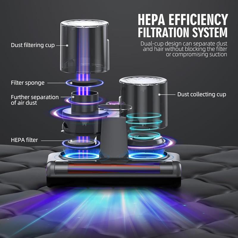 JPHYLL Mattress Mite Remover Vacuum Cleaner - 6 in 1 Lightweight Handheld with LED Display, 16Kpa Strong Suction, 380W Powerful Brushless Motor, UV-C Light, Suitable for Pet Hair and Carpets